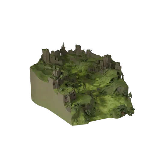 Modelo 3D Bioma de Cidade em Ruínas com Vegetação Excessiva Unreal Engine, vista de viewport de cima para baixo, mostrando ca