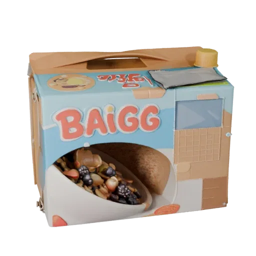 Bagged Cereal Box Stylized 3D model, stylized isometric render, showing cardboard, package massing.
