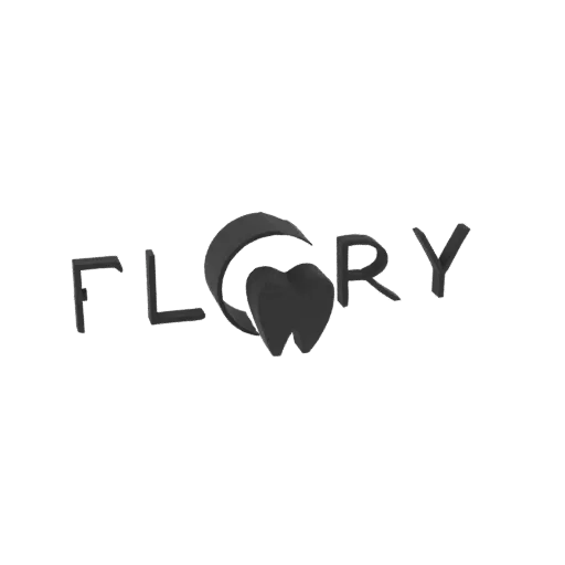 3D render of the FLORY dental logo, featuring a stylized tooth nestled within a crescent moon, presented in a dark, monochrom
