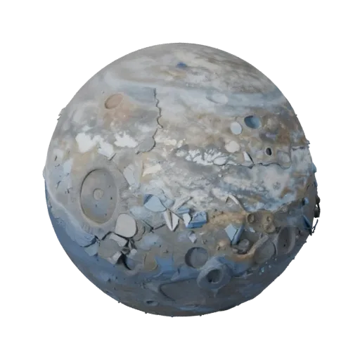 Lua de Gigante Gasoso Modelo 3D realista, renderização de estúdio em três quartos, mostrando rocha, escala do corpo esférico.