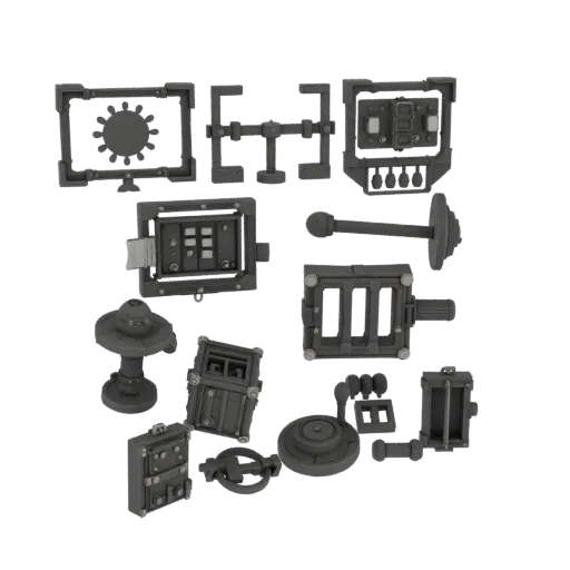 Dungeon Control Lever Printable 3D model, isometric STL render, showing metal hinges, clear interaction affordances.