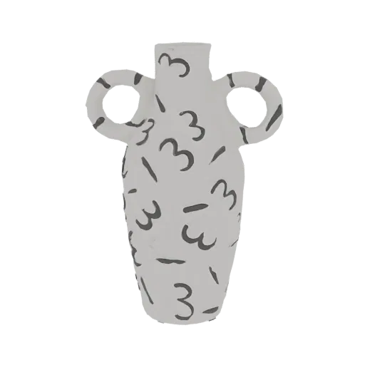 3D model of a white amphora vase with black doodle-like numbers and lines scattered across its surface.