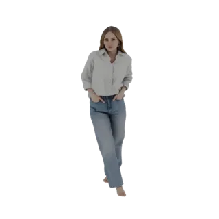 Modèle 3D d'une jeune femme aux cheveux blonds, portant une chemise boutonnée bleu clair et un jean bleu, debout, mains dans