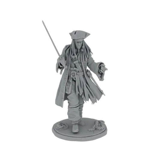 3D model of a pirate captain with dreadlocks, a tricorn hat, and a sword, standing on a base with a rope.