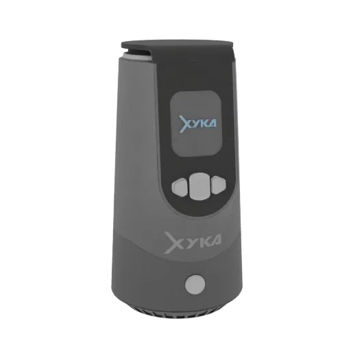 3D model of a portable vaporizer with a digital screen displaying 'XYKA' logo, control buttons, and a power button.