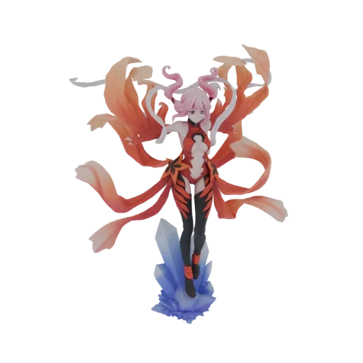 Modelo 3D de Hechicera Flor Carmesí con fluidos pétalos naranjas y pose dinámica, sobre cristales azules.