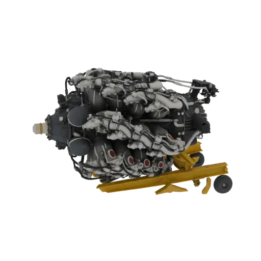 3D-Modell eines detaillierten Flugzeug-Sternmotors mit mehreren Zylindern, montiert auf einem gelben Ständer.