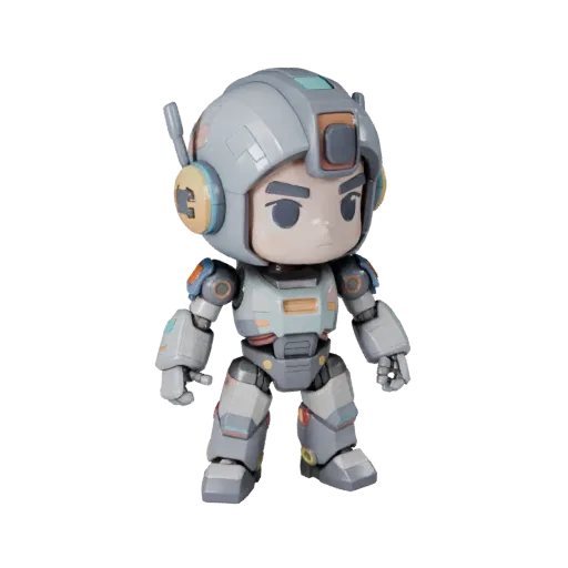 Chibi Robot Figurine low poly 3D model preview showing pose, three-quarter game view, toy proportion and material detail