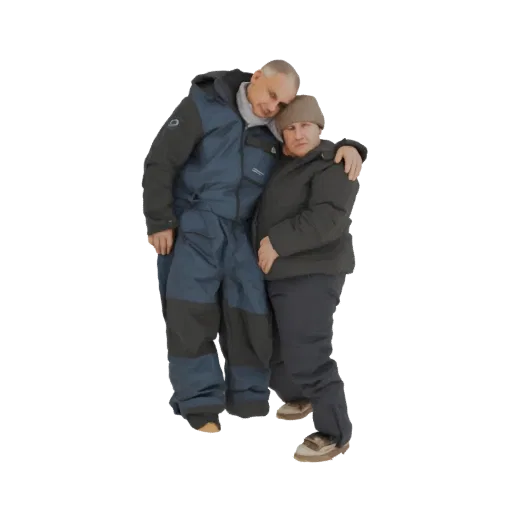 3D model of two men in winter coats hugging closely, one with a blue snowsuit, the other in a dark jacket.