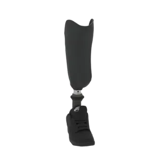 Modello 3D di una gamba protesica nera con sneaker nera attaccata, mostrata su sfondo bianco.