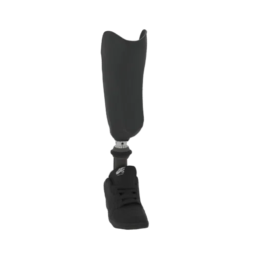 3D model of a black prosthetic leg with a black sneaker attached, shown against a white background.