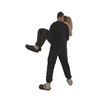 3D model of a man carrying a woman, both in dark casual outfits, captured in a dynamic and intimate pose.