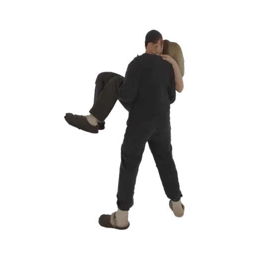 3D model of a man carrying a woman, both in dark casual outfits, captured in a dynamic and intimate pose.