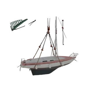 Modello 3D di una vela da diporto bianca e rossa sollevata da una gru, con una scala verde e un'elica nelle vicinanze.