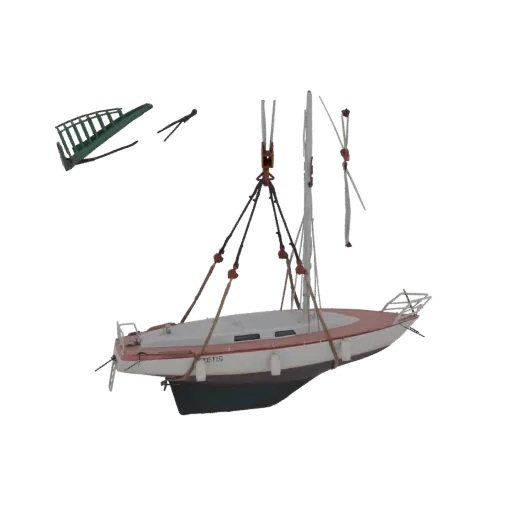 Modello 3D di una vela da diporto bianca e rossa sollevata da una gru, con una scala verde e un'elica nelle vicinanze.
