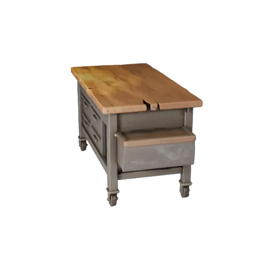 Mechanic Workbench 3D model, side profile view, technical viewport render, showing steel frames, stable fixtures.