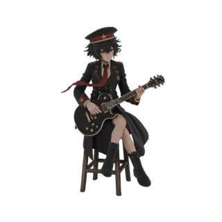 Modelo 3D de una chica anime con uniforme militar tocando una guitarra eléctrica negra sentada en un taburete de madera.
