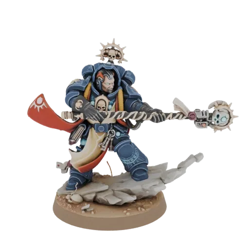 3D model of a Warhammer 40k Adeptus Mechanicus Tech-Priest Dominus in blue armor, holding a staff with a skull.