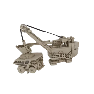 3D model of a beige-colored heavy mining excavator and dump truck on a black background.