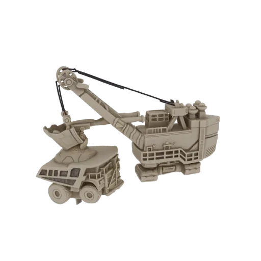 3D model of a beige-colored heavy mining excavator and dump truck on a black background.