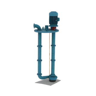 Modelo 3D de uma bomba de turbina vertical azul com um motor elétrico azul no topo, montado sobre uma base de concreto, contr