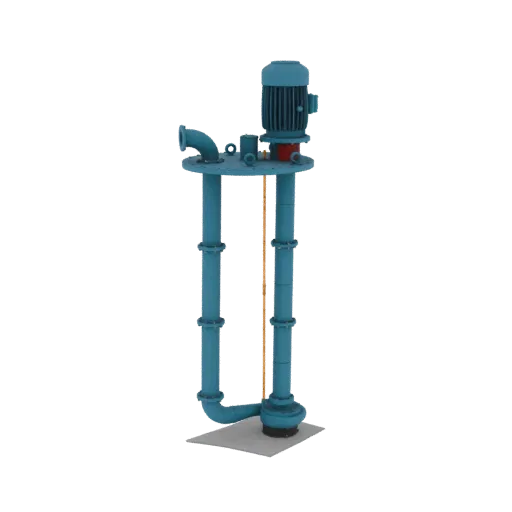 Modelo 3D de una bomba de turbina vertical azul con un motor eléctrico azul encima, montado sobre una base de hormigón, sobre