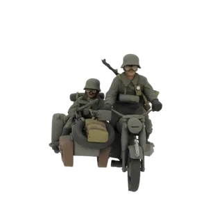 3D model of a WWII German motorcycle with a sidecar and two soldiers, rendered against a white background.