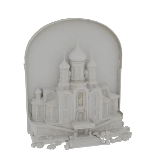 3D model render of a detailed Orthodox church diorama with multiple domes and surrounding sculpted landscape.