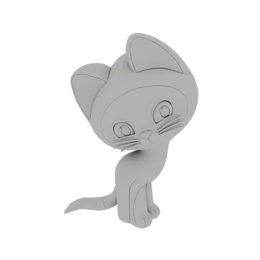 A 3D render of a cute, stylized chibi cat with large, round eyes, sitting and looking slightly to the side.