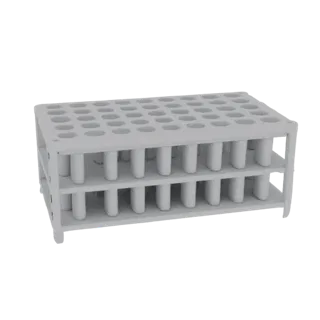 A 3D render of a light gray, rectangular laboratory tube rack with two tiers, holding numerous small tubes.