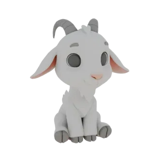 Uma renderização 3D de uma cabra branca fofa e estilizada sentada com uma expressão amigável, olhos grandes e chifres cinzas.