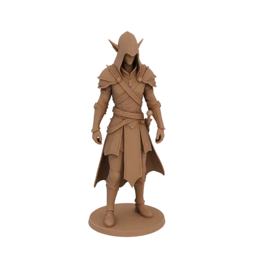 Miniatura STL de Elfo Asesino Medieval Fundición, render de mesa a tres cuartos, miniatura de escaramuza imprimible en resina
