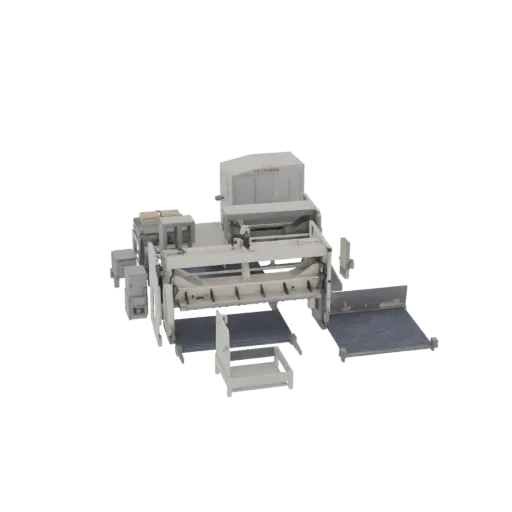 A 3D model of a complex industrial packaging machine with conveyor belts and control units, rendered on a white background.