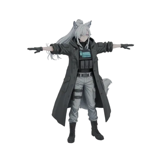 3D model of an anime wolf girl in a tactical outfit, standing with arms outstretched in a T-pose.