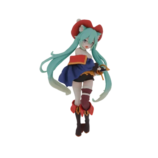 3D model of a cat-eared girl with teal hair, wearing a red hat, blue dress, and dark boots with red trim, posed dynamically.