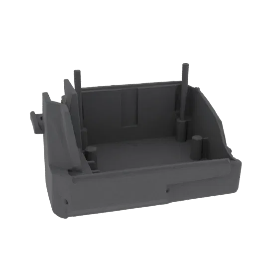 A gray 3D model of an industrial bracket with two cylindrical mounting posts on its base.
