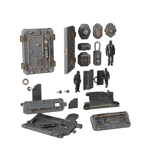 Sci Fi Locked Door Panel High Poly 3D model, close-up studio render, showing metal hinges, form detail.