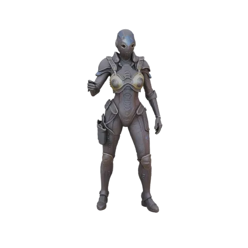 3D model of a cybernetic warrior in futuristic armor, standing in a combat pose
