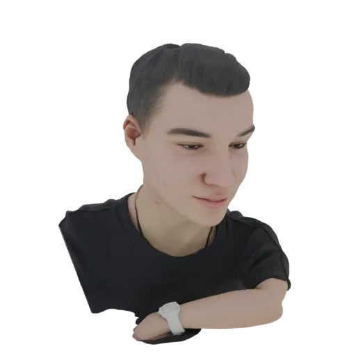 Render 3D de busto de jovem vestindo camiseta preta e relógio branco, olhando para baixo com leve sorriso.