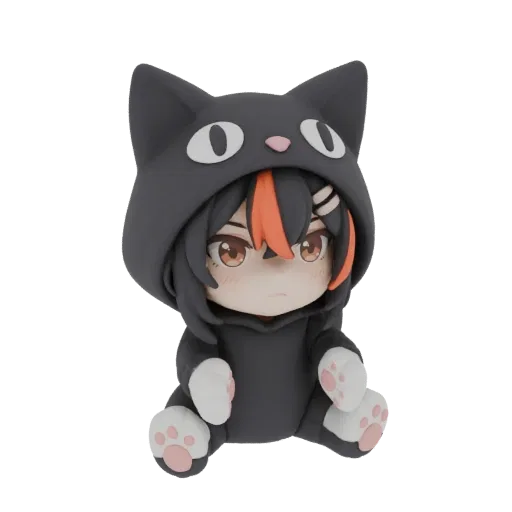 3D model of a cute chibi character wearing a black cat hoodie, sitting down with paws visible.