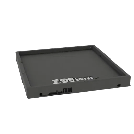 3D model of a simple black platform measuring 295x100x5 mm, side view.