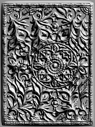 3D-Modell eines Basreliefs mit zentralem Medaillon und floralem Ornament im monochromen Stil.