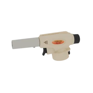 3D model of a portable butane torch lighter with a cream body, black trigger, and silver nozzle, labeled 'PLANE GUN 2D-501'.