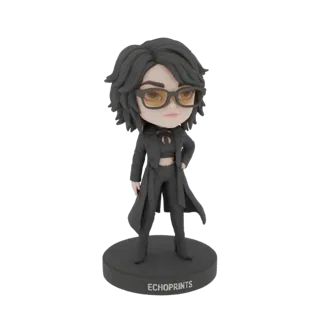 3D model of a bobblehead character with dark hair, glasses, and a black trench coat, standing on a black circular base.
