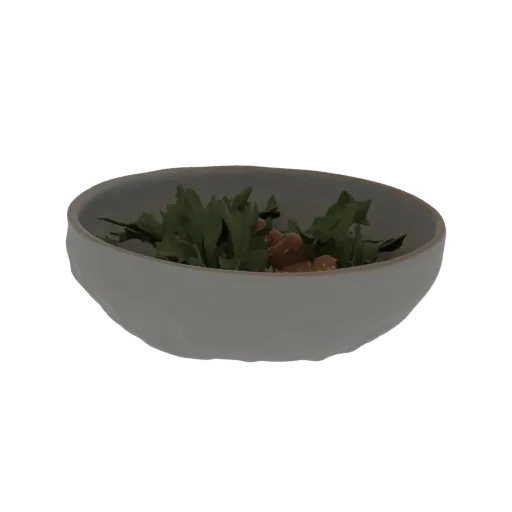 3D model of a textured ceramic bowl filled with a fresh green salad, presented on a black background.