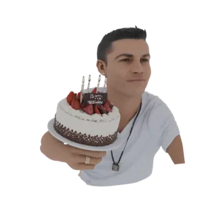 Modelo 3D de Cristiano Ronaldo segurando um bolo de aniversário com morangos e velas.
