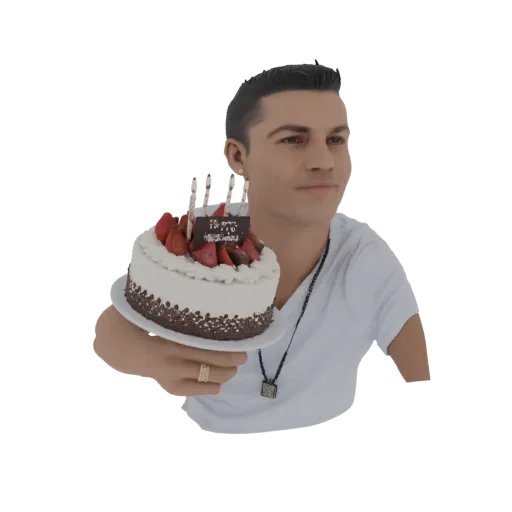 3D model of Cristiano Ronaldo holding a birthday cake with strawberries and candles.