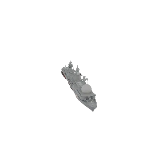 A detailed 3D model of a modern grey warship with a large radar dome, viewed from a high angle against a black background.