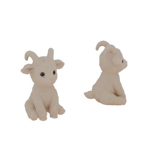 Un modèle 3D d'une bébé chèvre mignonne de couleur claire assise et regardant sur le côté, avec une autre vue de la chèvre de