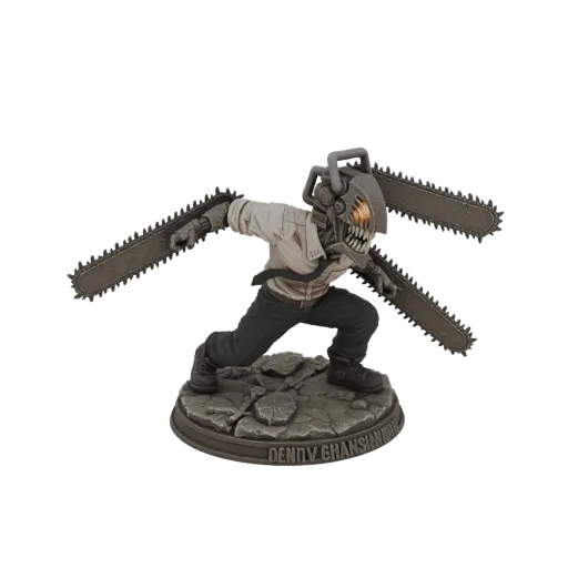 3D model of Chainsaw Man's Denji in a dynamic action pose, with chainsaws extended, on a rubble base.